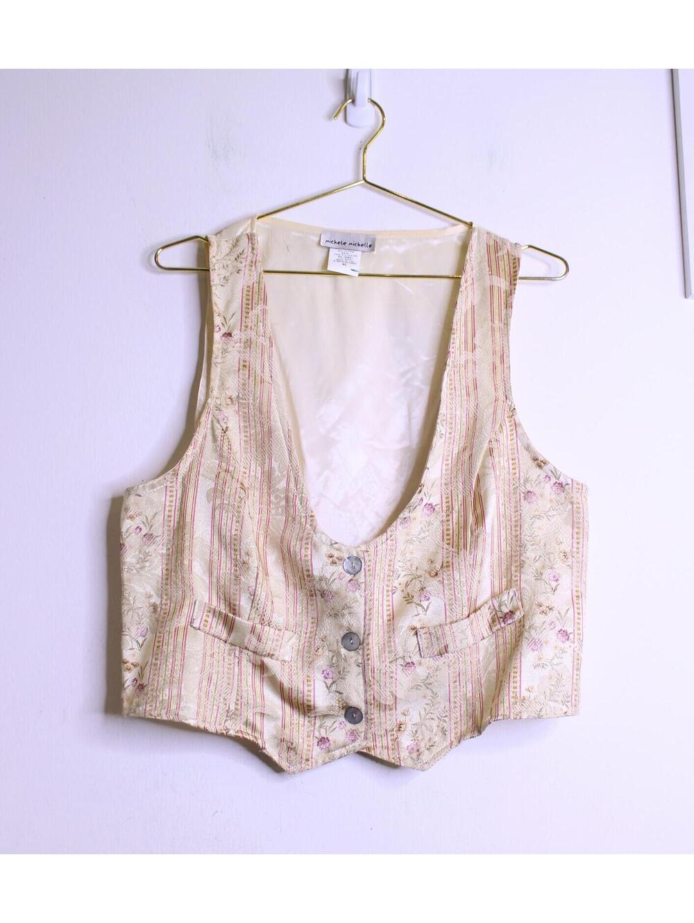 Cream Pink Floral Brocade Boho Cottagecore Vest - XL
